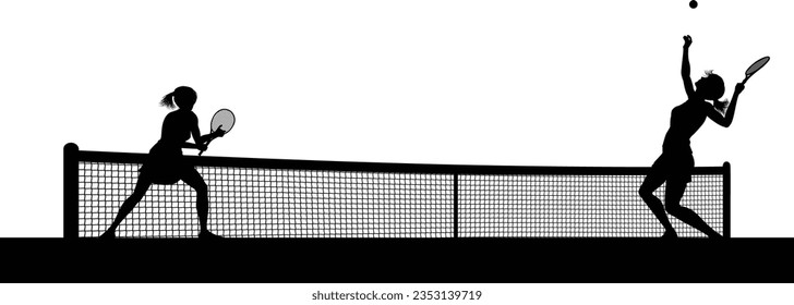 Tennis match silhouette scene with women players playing across net scene