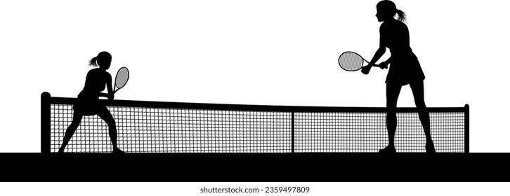 Tennis match silhouette scene with women players playing across net scene