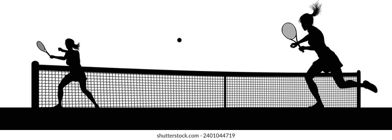 Escena de tenis con siluetas de juego con jugadoras que juegan en la escena de la red