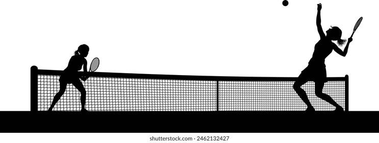 Tennis match silhouette scene with women players playing across net scene