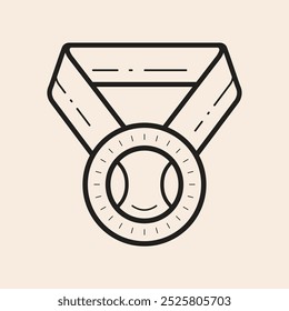 Tennis Medal with central ball and ribbon vector outline icon. Design ready to use in multiple projects like websites, apps, shops, videos, games, sport equipment, marketing among others