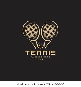 Tennis minimalist gold logo design vector. Crossed black tennis rackets with a ball