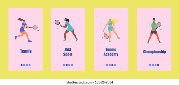 Plantilla de aplicación móvil de tenis. Los jóvenes juegan al tenis. Concepto de escuela de tenis, competencia o campeonato. Ilustración vectorial plana.