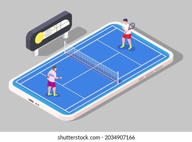 Tennis mobile game, flat vector isometric illustration. Tennis court, players and scoreboard on smartphone screen. Online sport game competition.