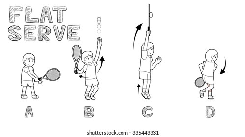 Tennis Motion Flat Serve Boy Monochrome Vector Illustration