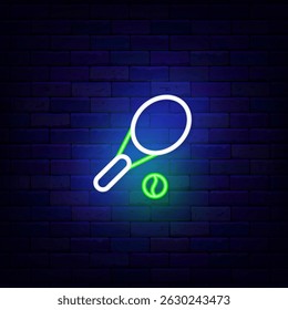 Tennis neon label. Racket and ball. Sport activity. Fitness event. Shiny emblem for sports club. Vector stock illustration