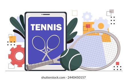 Tennis online concept. Racket with balls. Active lifestyle and sports. Tennis equipment. Tournament and competition, championship. Cartoon flat vector illustration isolated on white background