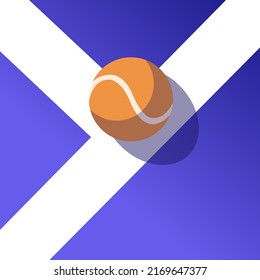 tennis orange ball on the blue court, playground with white lines. Vector illustration. Tennis play concept