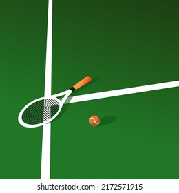 tennis orange ball and racket on the green court, playground with white lines. Vector illustration. Tennis play concept