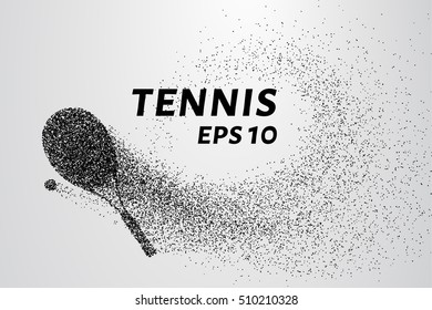 Tenis de partículas. La raqueta de tenis y el balón están compuestos de pequeños círculos y puntos.