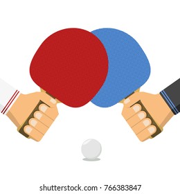 Tennis, ping pong bats in male hands and ball. Vector, flat design, isolated on white background.