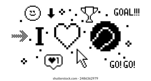 Tennis pixel art 8 bit design. Love sport banner concept. Composition with tennis ball, heart, text Goal. Pixels Y2k trendy playful sticker. Mood of 90's aesthetics. Simple geometric form