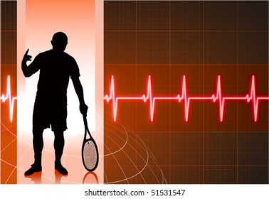Tennis Player with Abstract Pulse Red Background Original Illustration