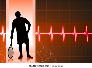 Tennis Player with Abstract Pulse Red Background Original Illustration