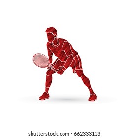 Tennis player action , Man play tennis designed using red grunge brush graphic vector