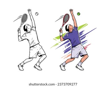 momento de acción del jugador de tenis disparando la bola colorida ilustración detallada