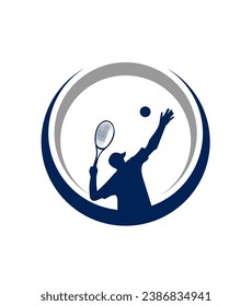 Tennis player action with a tennis racket and ball, logo template. Active sport and tennis tournament, championship