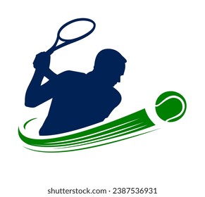 Acción de un jugador de tenis con raqueta de tenis y pelota, plantilla de logotipo. Torneo activo de deporte y tenis, campeonato