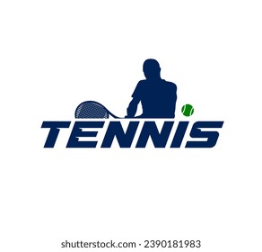 Acción de un jugador de tenis con raqueta de tenis y pelota, plantilla de logotipo. Torneo activo de deporte y tenis, campeonato