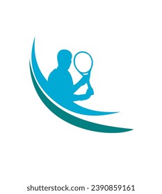 Acción de un jugador de tenis con raqueta de tenis y pelota, plantilla de logotipo. Torneo activo de deporte y tenis, campeones