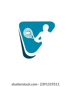 Tennis player action with a tennis racket and ball, logo template. Active sport and tennis tournament, championship