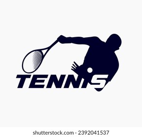 Acción de un jugador de tenis con raqueta de tenis y pelota, plantilla de logotipo. Torneo activo de deporte y tenis, campeonato