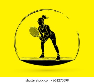 Tennis player action. Woman play tennis graphic vector.
