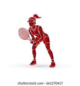 Tennis player action , Woman play tennis designed using red grunge brush graphic vector.