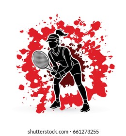 Tennis player action , Woman play tennis designed on splatter ink background graphic vector.