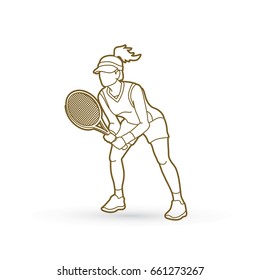 Tennis player action , Woman play tennis outline graphic vector.