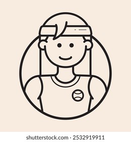 Tennis Player Avatar inside a circle with long hair, headband, logo tennis ball, and cool t-shirt without sleeves vector outline icon