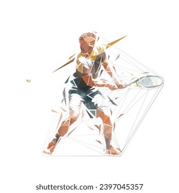 Ilustración de vectores de bajo polígono aislada con un jugador de tenis de tiro. Logo del tenis