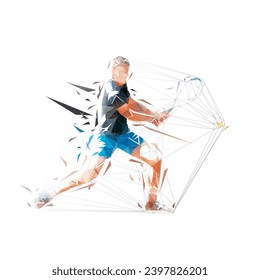 Tennis player backand shot, isolated low poly vector illustration. Tennis logo