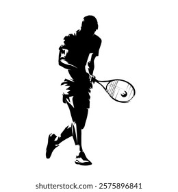 Tennis player, backhand shot, isolated vector silhouette. Sports athlete clip art, front view