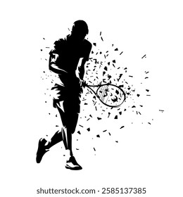 Tennis player, backhand shot, isolated vector silhouette with distortion effect. Sports athlete clip art, front view