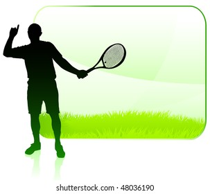 Tennis Player with Blank Nature Frame Original Vector Illustration