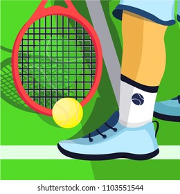 Tennis player in blue sport wear and white socks with red racket in hand and yellow ball on green grass court prepare for game concept. Tennis match. Tennis banner, poster. Flat vector illustration.