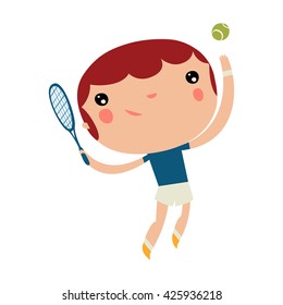 tennis player boy. kids playing sports. cute vector character.