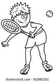 tennis player, boy, vector image, coloring book