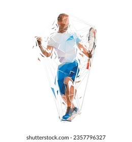 Tennis player celebration, isolated low poly vector illustration. Tennis player logo