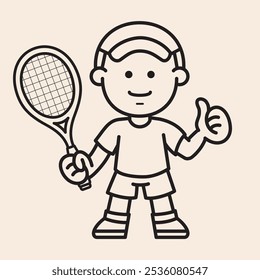 Tennis Jogador menino personagem segurando uma raquete de tênis com boné de esporte, t-shirt, tênis, humor feliz e polegar sinal vetor ícone