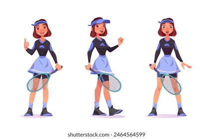 Personaje de jugador de tenis. Conjunto de Ilustración vectorial de dibujos animados de mujer joven en ropa deportiva con raqueta de pie sorprendido, feliz sonriendo y mostrando gesto de mano pulgares para arriba. Persona adulta femenina haciendo deporte.