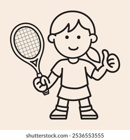 Tennis Player character girl holding a tennis racket with hair tail, t-shirt, tennis shoes, happy mood and thumb signal vector outline icon