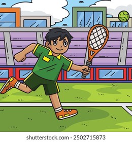 Tennis Player Chasing a Ball Colored Cartoon 