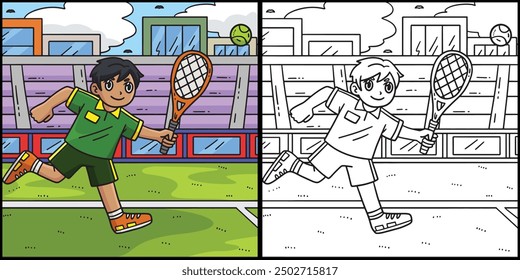 Tennis Player Chasing a Ball Coloring Illustration