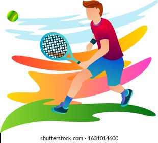 A tennis player is chasing a ball that is coming towards him in an international tennis competition. Vector illustration of tennis player