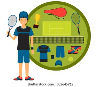 Tennis Player. Clothes and equipment. Vector illustration