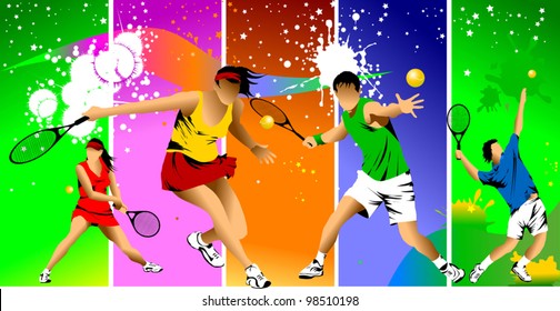 tennis player in color on a green background racket strikes the ball;