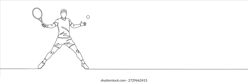 Tennis player continuous one line drawing. Hand drawn player with racket.