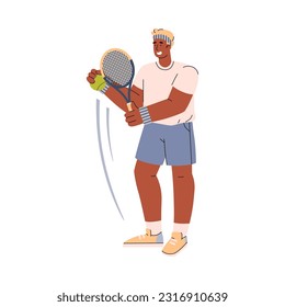 Tennis player dark skinned man holds the ball in his hand and wants to throw with a racquet. Vector illustration in doodle disproportionate characters isolated on white background. Sport concept